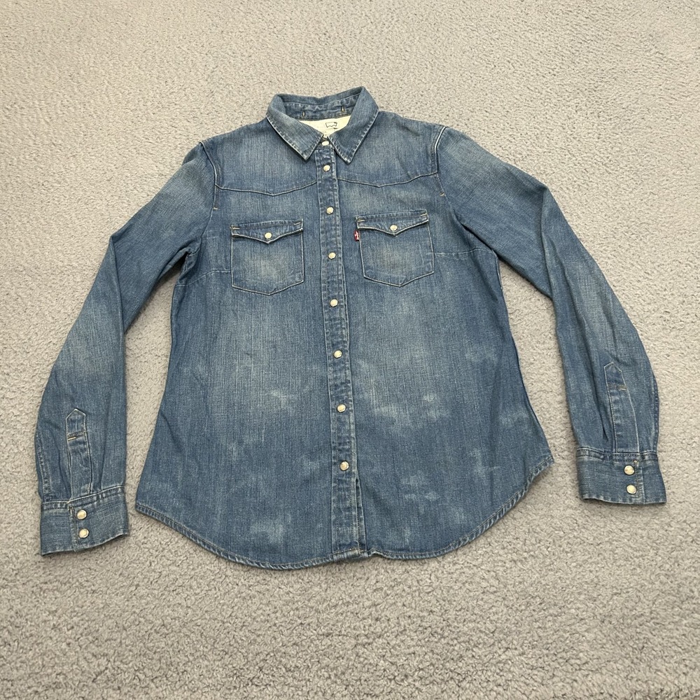Levis Shirt Womens Extra Small Blue Denim Western Pearl Snap Red Tab Long Sleeve